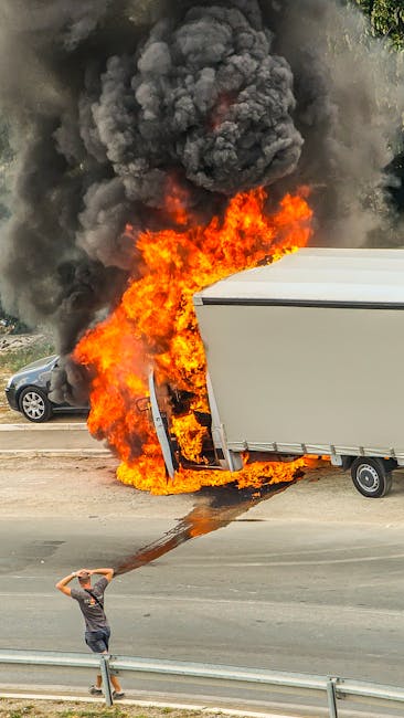 A large white box truck is engulfed in flames and thick black smoke on a road, with bright orange and yellow fire consuming the rear and side of the vehicle. The fire appears intense, with visible orange glow and dark smoke billowing upwards. A person stands on the pavement nearby, holding a hose or equipment, possibly attempting to control the fire. The scene is outdoors, with a car parked on the roadside behind the burning truck. This image captures an emergency incident involving vehicle fire, illustrating the importance of timely response in moving and transport safety, as handled by professional services like Man With a Van Southgate. The environment is a typical urban street setting, and the lighting suggests daytime.